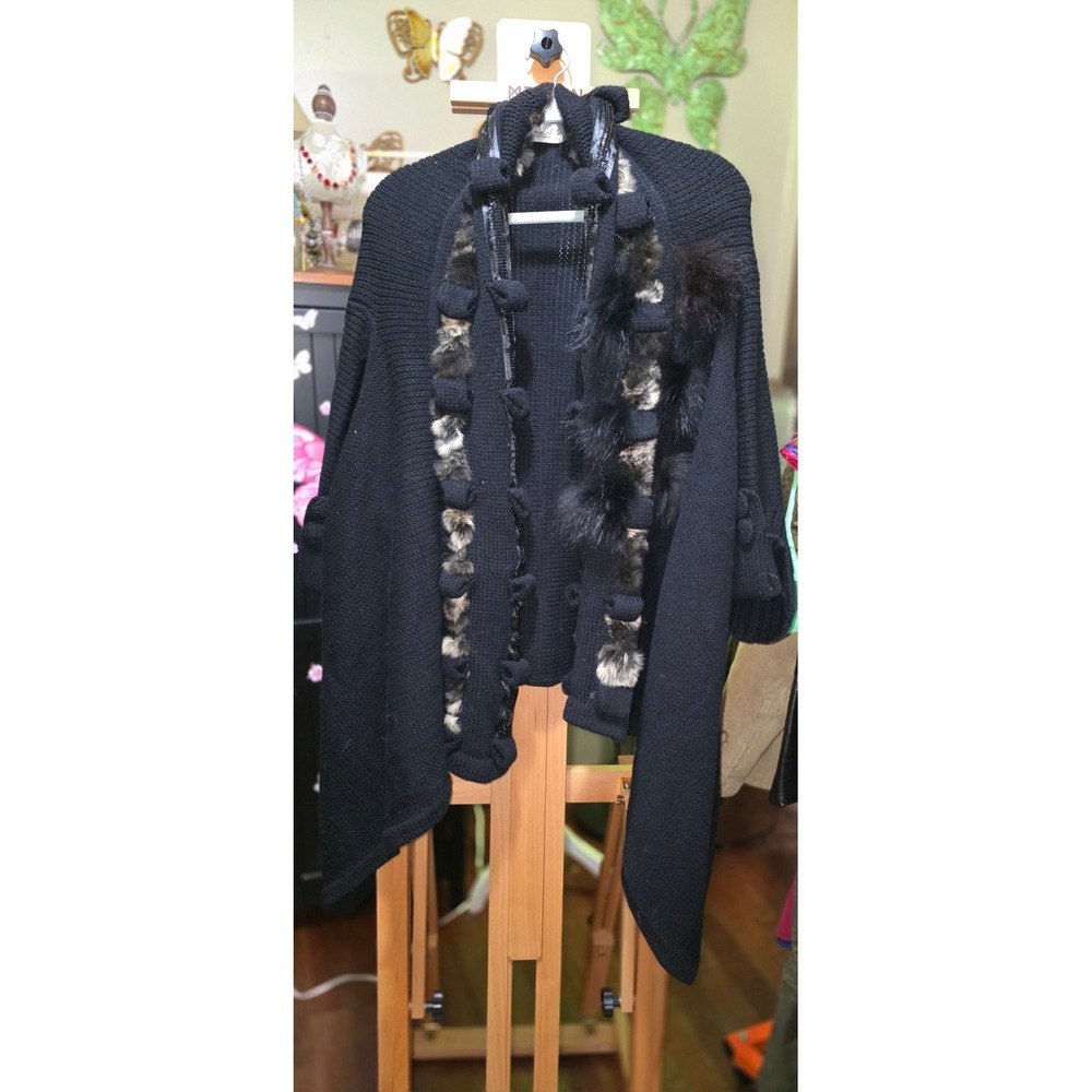 Ania A Black Knit Cardigan Faux Fur Sequin Trim Open Front Wrap Sweater Women